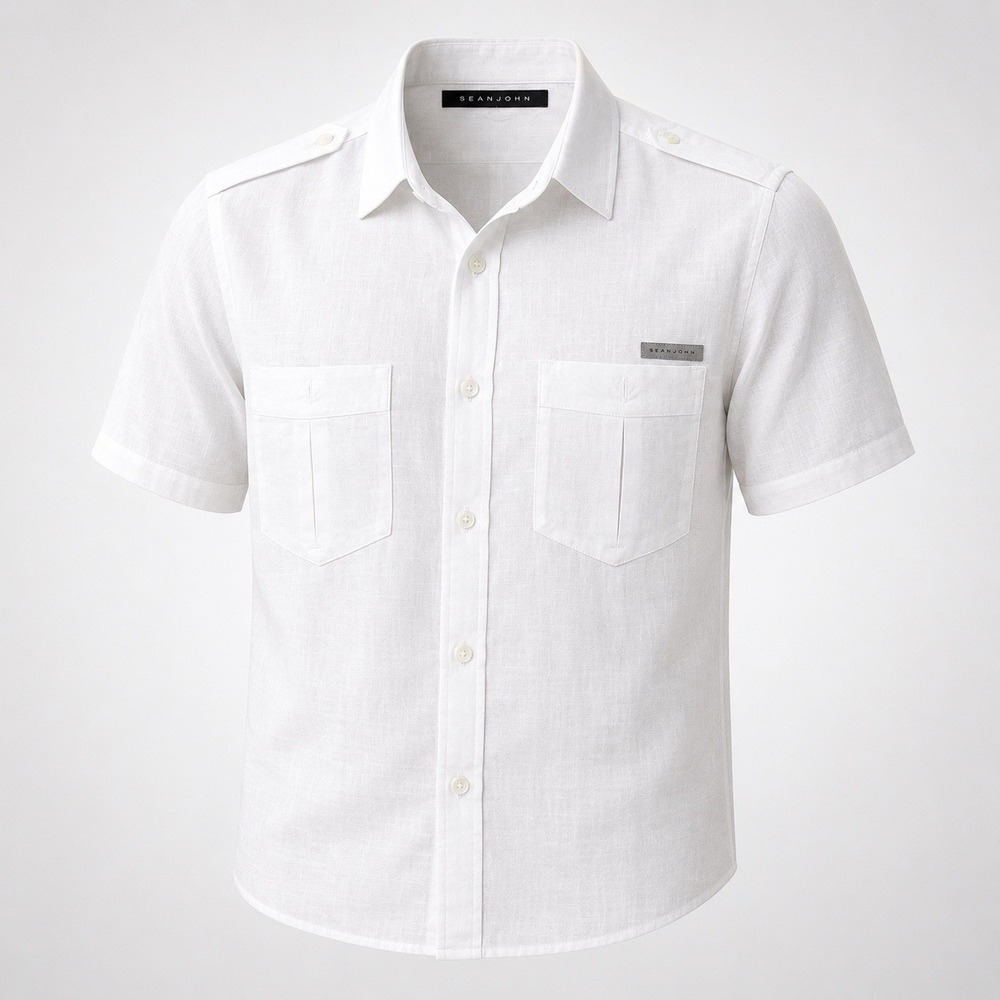 Sean John LINEN SHIRT Button Down Mens MEDIUM WHITE Safari Epaulets Y2K Casual
